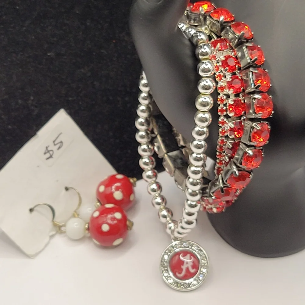 Alabama University Roll Tide Houndstooth Red White Black Silver Jewelry Lot - Picture 14 of 16